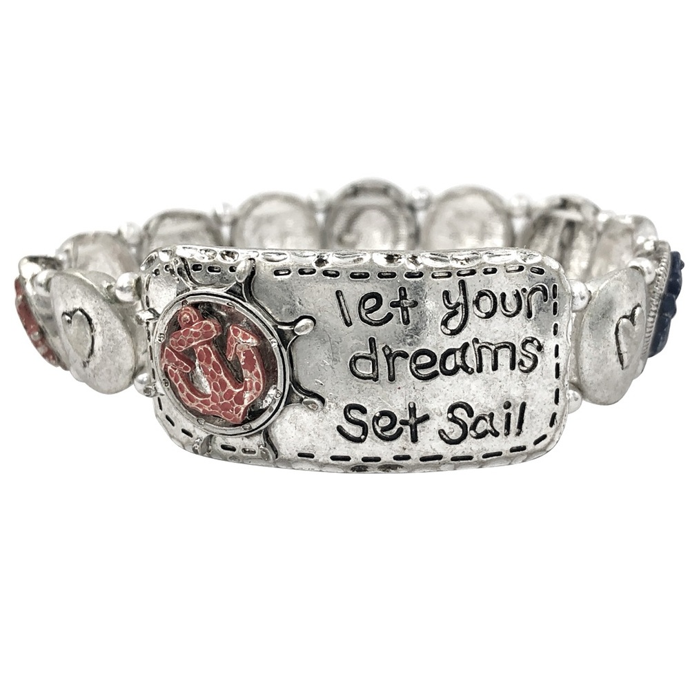 Let Your Dreams Set Sail Rustic Silver Tone Stretch Bracelet